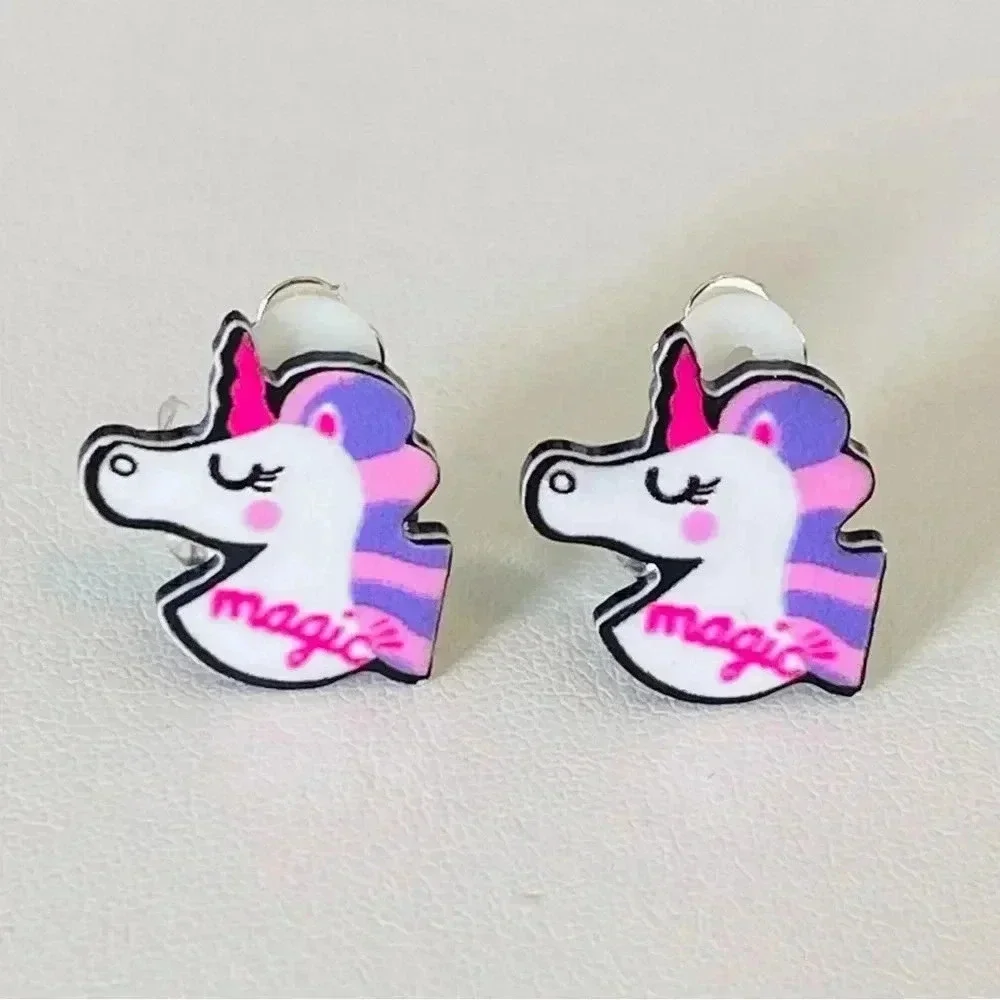 5 Pairs Kids Clip On Earrings Rainbow Unicorn Cat Crown Mermaid